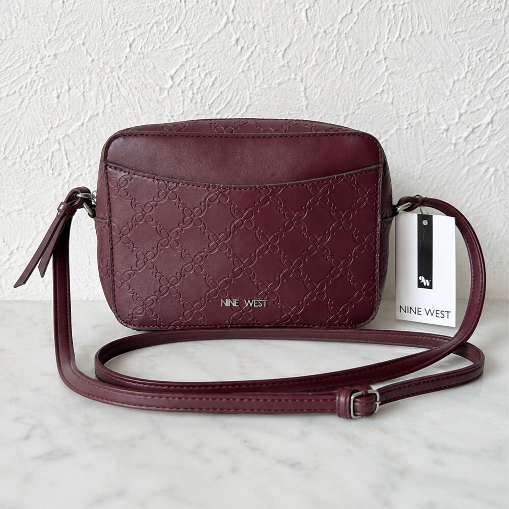 Nine West Calandra Mini Crossbody Bag Merlot Embossed Logo Faux Leather NWT